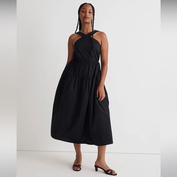 Madewell Dresses & Skirts - Madewell NWT Petite Halter Tiered Midi Dress Size 4P in Black Poplin Cotton